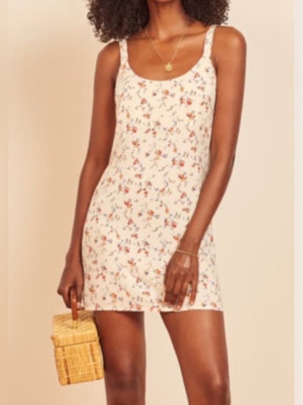 Reformation Cream Floral Scoop-Neck Mini Dress